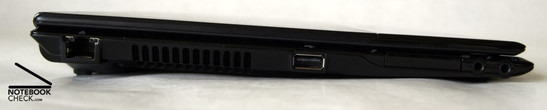 Left side: LAN, fan louver, USB, Expresscard/34, microphone, headphone