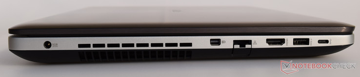 Left: Power socket, vent, Display Port, LAN, HDMI, USB 3.0, USB 3.1 Type-C