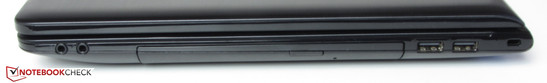 Right: Headphone out, microphone in, DVD burner, 2x USB 2.0, Kensington lock slot Right: Headphone out, microphone in, DVD burner, 2x USB 2.0, Kensington lock slot