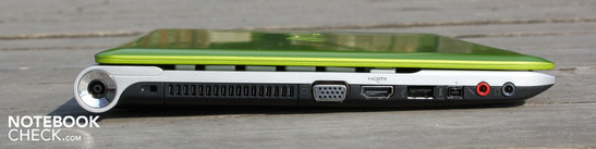 Left: AC, Kensington, VGA, HDMI, USB 2.0, FireWire, microphone, headphone