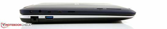 Left: AC, combo audio, micro-HDMI, micro-USB 2.0, micro-SDHC, home button, volume (tablet); RJ45, USB 3.0 (dock)
