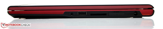Right: combo-audio jack, USB 2.0, card reader, SIM-card slot, AC