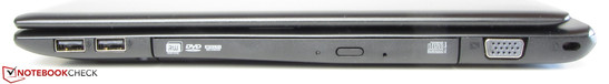 Right side: 2x USB 2.0, DVD-RW drive, VGA, Kensington lock slot