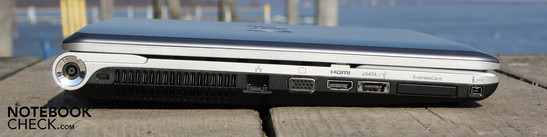Left: AC, Kensington, Ethernet, VGA, HDMI, eSATA/USB, ExpressCard34, FireWire