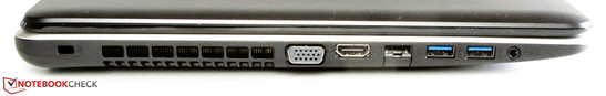 Left side: Kensington Lock, VGA, HDMI, Gigabit-Ethernet, 2x USB 3.0, combined stereo jack