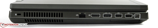 Left: Kensington Lock, LAN, DisplayPort, eSATA/USB 2.0, 2 x USB 3.0, FireWire