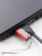 The ports are very close together: the USB thumb drive and the HDMI cable touch.