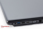 The right side features the audio ports, one USB 2.0 and one USB 3.0 port, as well as HDMI and VGA.
