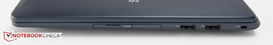 Right: card reader, 2x USB 2.0, slim security slot