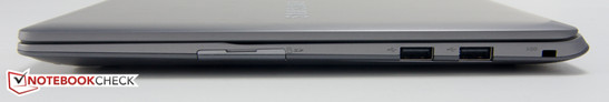 Right side: SD card reader, 2x USB 2.0, security slot