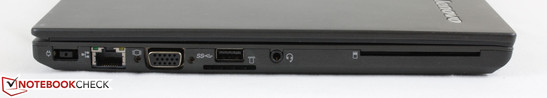 Left: AC power, Gigabit Ethernet, VGA-out, USB 3.0, SD card reader, 3.5 mm combo audio, Smart card reader