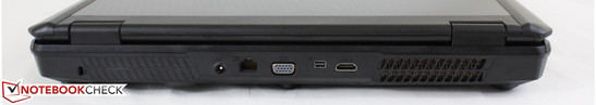 Rear: Kensington lock, AC adapter, Gigabit Ethernet, VGA-out, mini DisplayPort, HDMI-out