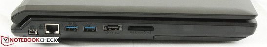 Left: 1x Firewire-400, 1x RJ45, 2x USB 3.0, 1x eSATA/USB 3.0, 9-in-1 card reader