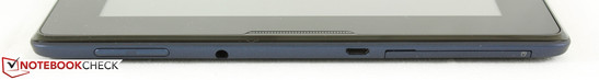 Left: Volume rocker, 3.5 mm audio, microUSB 2.0, microSD reader