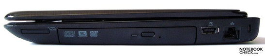 Right: card reader, optical drive, USB/eSATA, LAN, Kensington Lock