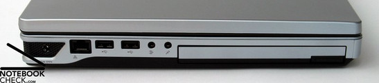 Left Side: power supply, LAN, 2x USB 2.0, audio ports (microphone, earphones), DVD drive