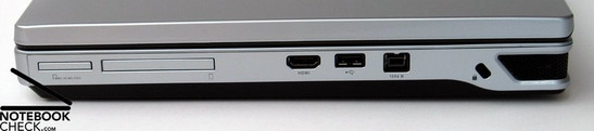 Right Side: 7in1 card reader, ExpressCard, HDMI, USB 2.0, Firewire, Kensington lock Right Side: 7in1 card reader, ExpressCard, HDMI, USB 2.0, Firewire, Kensington lock