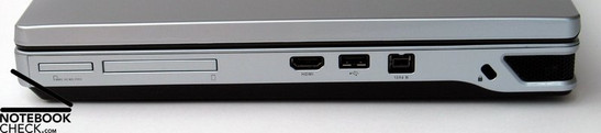 Right Side: 7in1 card reader, ExpressCard, HDMI, USB 2.0, Firewire, Kensington lock