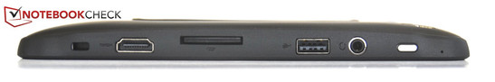 Left: Kensington, HDMI, SD card reader, USB 2.0, audio (headphone/microphone combo)