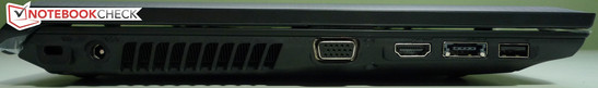 Left side: Kensington Lock, power outlet, VGA, HDMI, 1x e-SATA/USB 2.0 combi, 1x USB 2.0