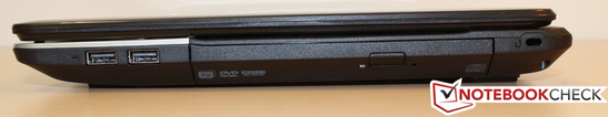 Right: 2x USB 2.0, DVD drive, Kensington lock Right: 2x USB 2.0, DVD drive, Kensington lock