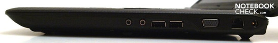 Right: headphones, microphone, 2x USB 2.0, VGA, LAN, DC-in Right: headphones, microphone, 2x USB 2.0, VGA, LAN, DC-in