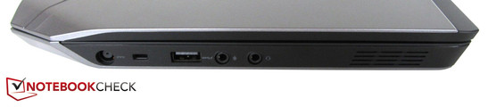 Left side: AC power, Noble lock, USB 3.0, microphone, headphones