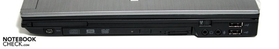 Right: PCCard/ExpressCard, Firewire, module bay, audio, 2 USB 2.0's