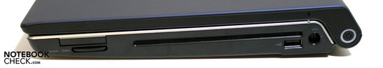 Right: card reader, ExpressCard/34, slot load DVD burner, USB, power supply