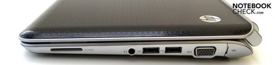 Right: 2-in-1 card reader, combined audio port, 2x USB 2.0, VGA, LAN (RJ45) Right: 2-in-1 card reader, combined audio port, 2x USB 2.0, VGA, LAN (RJ45)