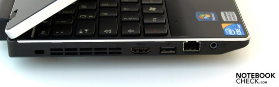 Left side: Kensington Security Slot, Fan, HDMI, USB 2.0, RJ45 (LAN), combi-Audio Left side: Kensington Security Slot, Fan, HDMI, USB 2.0, RJ45 (LAN), combi-Audio
