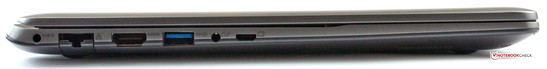 Left side: AC jack, LAN, HDMI, USB 3.0, Audio, Mini-VGA.
