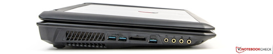Left: 2 x USB 3.0, card reader, USB 3.0, headphone jack, microphone jack, Line-In, Line-Out