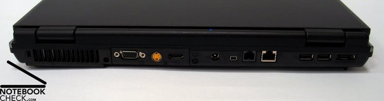 Back: Kensington Lock, Fan, VGA Out, S-Video, HDMI, Power connection, Firewire, Modem, LAN, 2x USB 2.0, eSATA