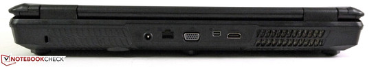 Rear: Kensington lock, power jack, LAN, VGA, Mini-DisplayPort, HDMI