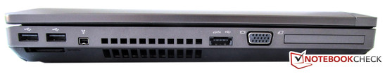 Left: 2 USB 2.0s, card reader for SD/MMC cards, 1 IEEE1394a, 1 eSATA/USB, 1 ExpressCard54 slot Left: 2 USB 2.0s, card reader for SD/MMC cards, 1 IEEE1394a, 1 eSATA/USB, 1 ExpressCard54 slot