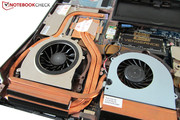 The CPU (right) gives part of its heat off to the GPU fan (left).