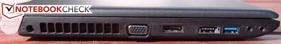 Left: AC connector, VGA, DisplayPort, eSATA/USB 2.0 w/ Sleep and Charge, USB 3.0, 3.5mm Mic, 3.5mm Headphones