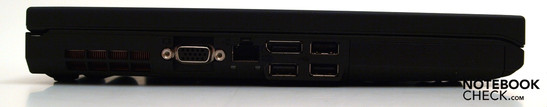 Left: Fan, VGA, LAN, display port, 3x USB 2.0, hard disk slot