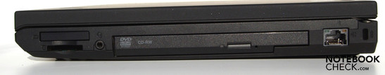Right: ExpressCard/34, 5-in-1 cardreader, audio combo, Ultra-bay slot with DVD-RW, RJ45-LAN, Kensington security slot