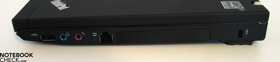 Right side: USB 2.0, Audio, Modem, Kensington Lock