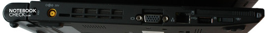 Left: CardBus, WLAN switch, USB, LAN, VGA, fan output, DC-in, Kensington lock