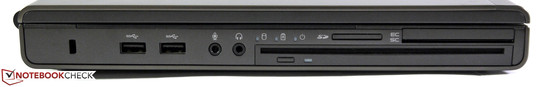 Left: Kensington, 2x USB 3.0, audio, optical slot-in drive, card reader, SmartCard reader, ExpressCard 54/34
