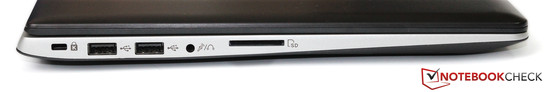 Left side: Kensington lock, 2x USB 2.0, headset jack, SD card reader