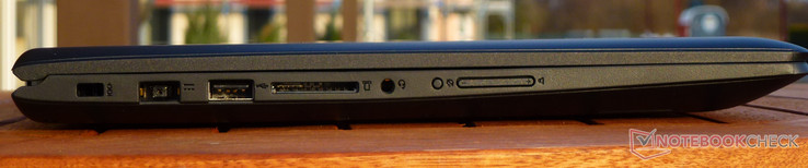 Left: Kensington, power, USB 2.0, card reader, mic + line, rotation lock, volume rocker
