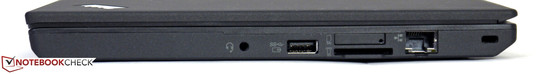 Right: Audio jack, USB 3.0 with charging capability, SIM card slot, card reader, Ethernet port, Kensington lock