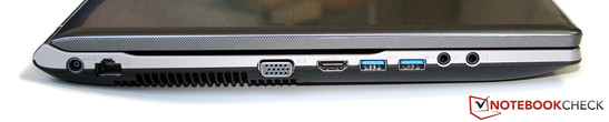 left: power socket, GBit-LAN, VGA, HDI, 2x USB 3.0, headphones & microphone left: power socket, GBit-LAN, VGA, HDI, 2x USB 3.0, headphones & microphone