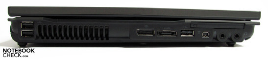 Left: 2 USBs, display port, eSATA, USB, FW, audio