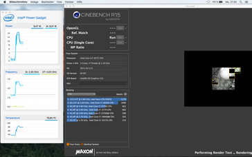 Cinebench R15 Multi (Mac OS X): The full 2.7 GHz are only available for a couple of seconds before the clock levels off at 2.3 GHz.