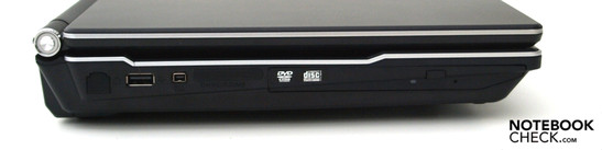 Left: RJ-11 modem, USB 2.0, Firewire, 9in1 cardreader, DVD burner